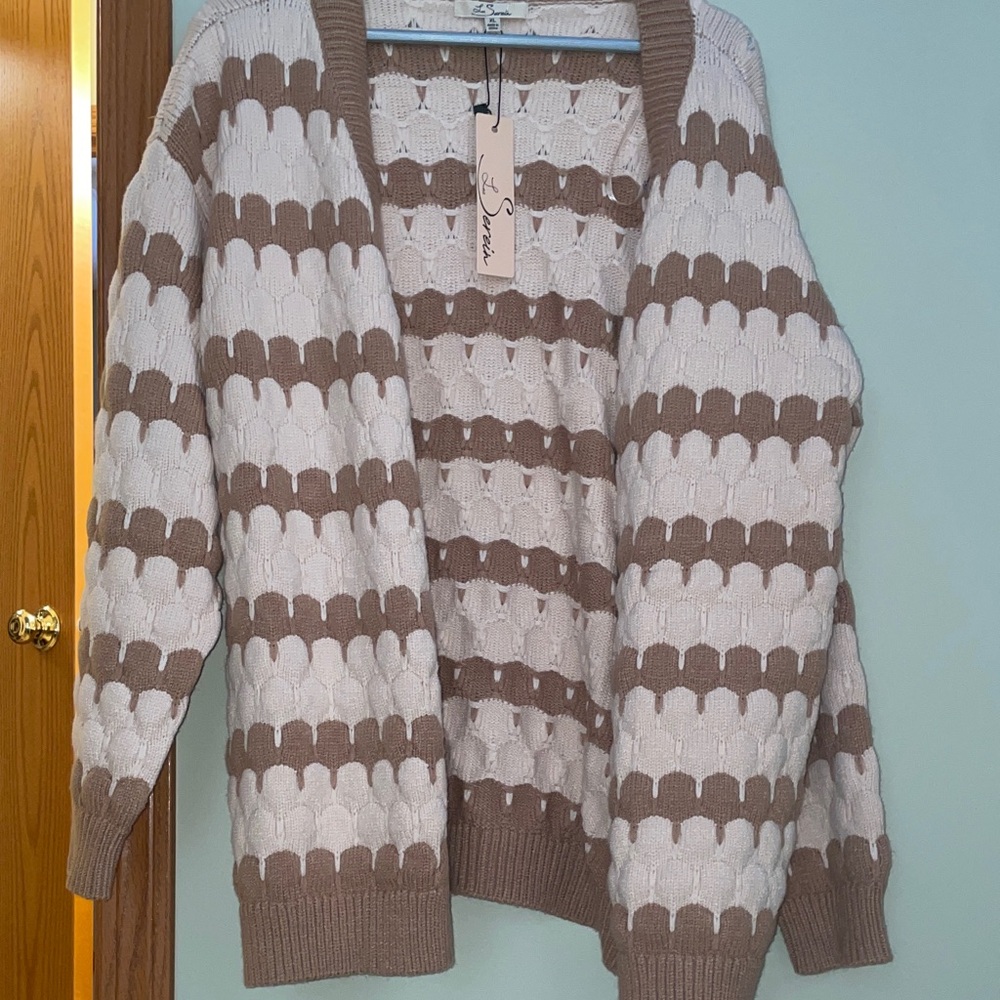 Chunky Knit Open Front Cardigan Sweater - Brown and Cream - Picture 10 of 11